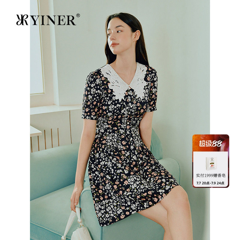 YINER音儿专选2026夏季新款蕾丝翻领桑蚕丝混纺收腰碎花连衣裙