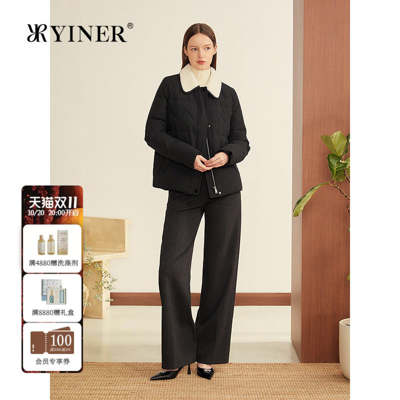 YINER音儿女装冬季巴恩风撞色翻领拼接毛领短款鹅绒羽绒服