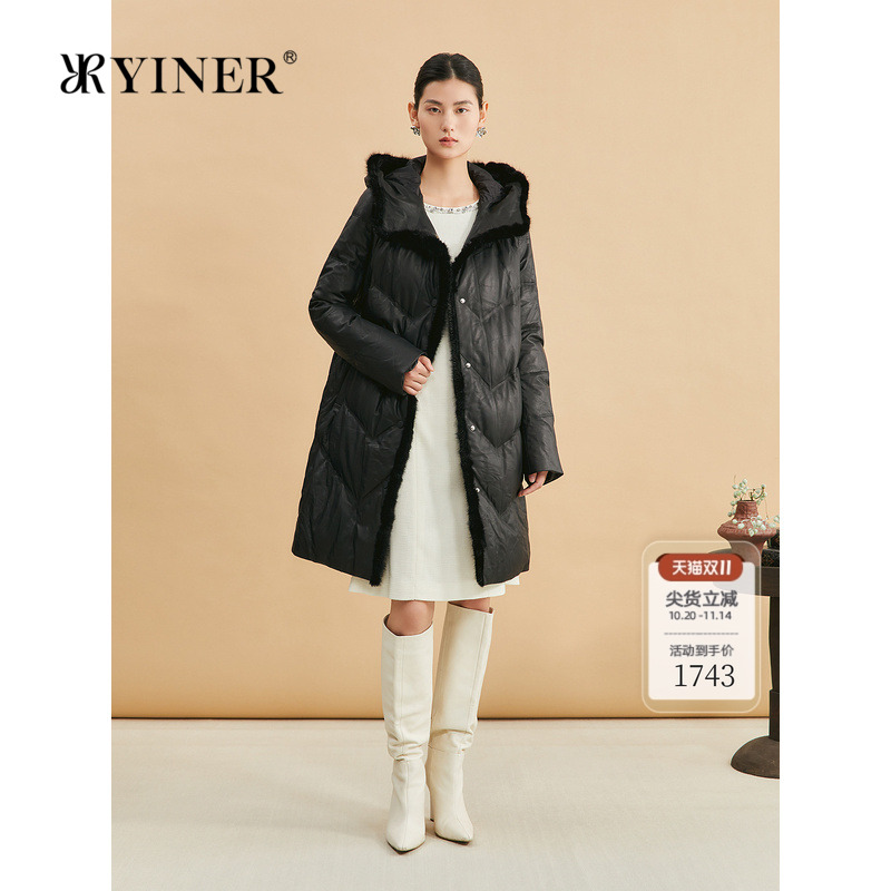 YINER音儿专选女装冬季中长款厚实水貂毛领高克重绵羊真皮羽绒服