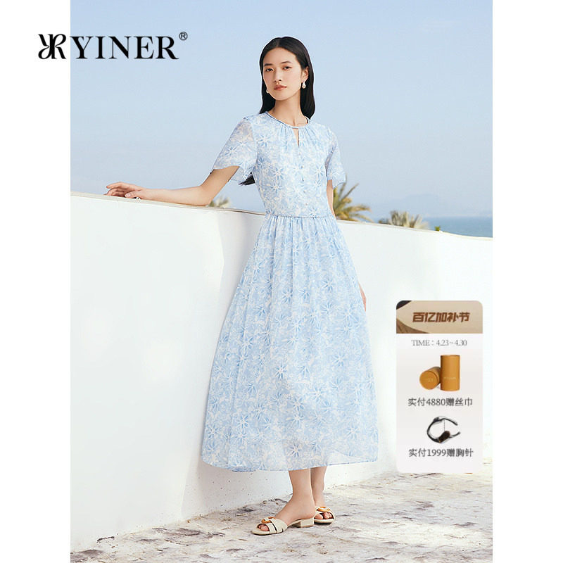 YINER音儿专选女装夏季镂空小V领虞美人方格雪纺纱印花连衣裙