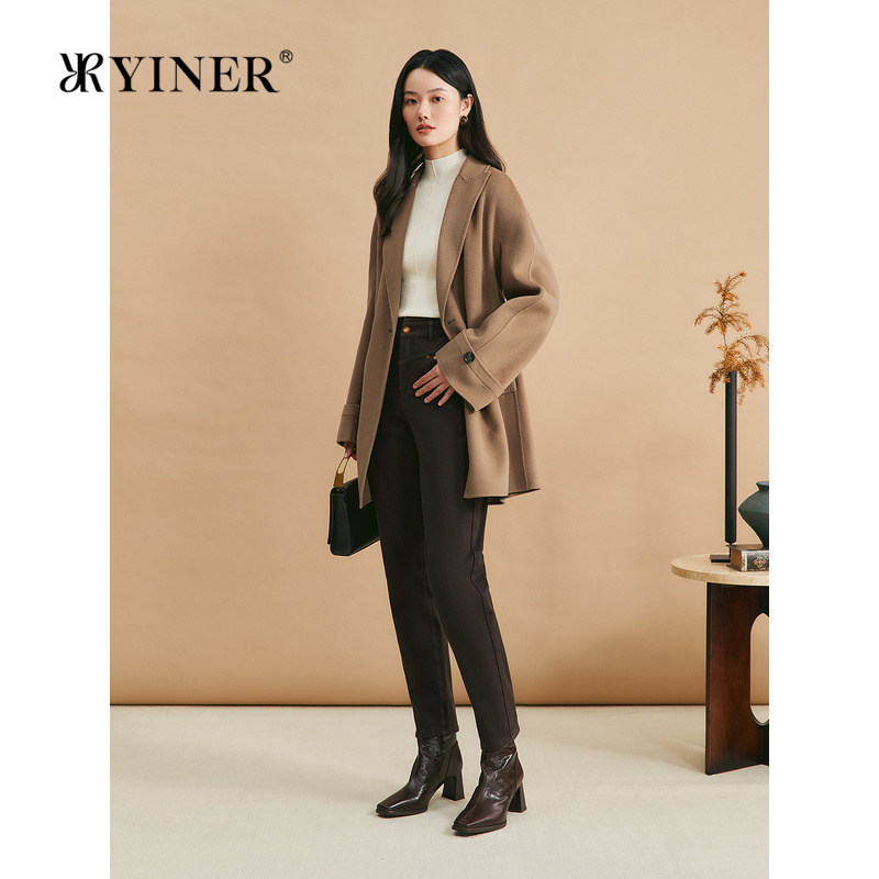 YINER音儿女装冬季戗驳领美丽诺羊毛羊绒混纺双面呢大衣外套