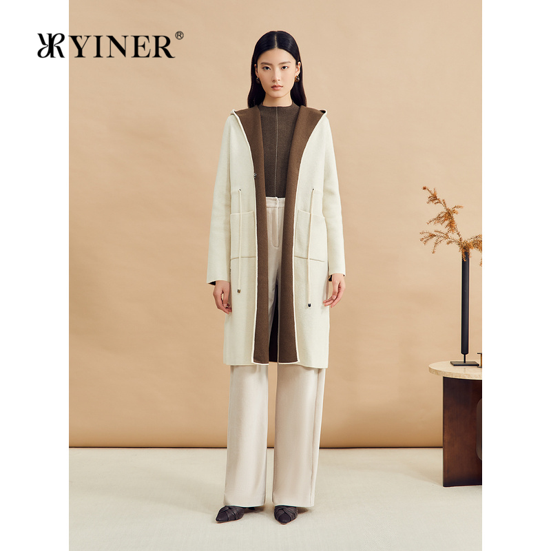 YINER音儿专选冬季羊毛撞色连帽外套毛针织开衫