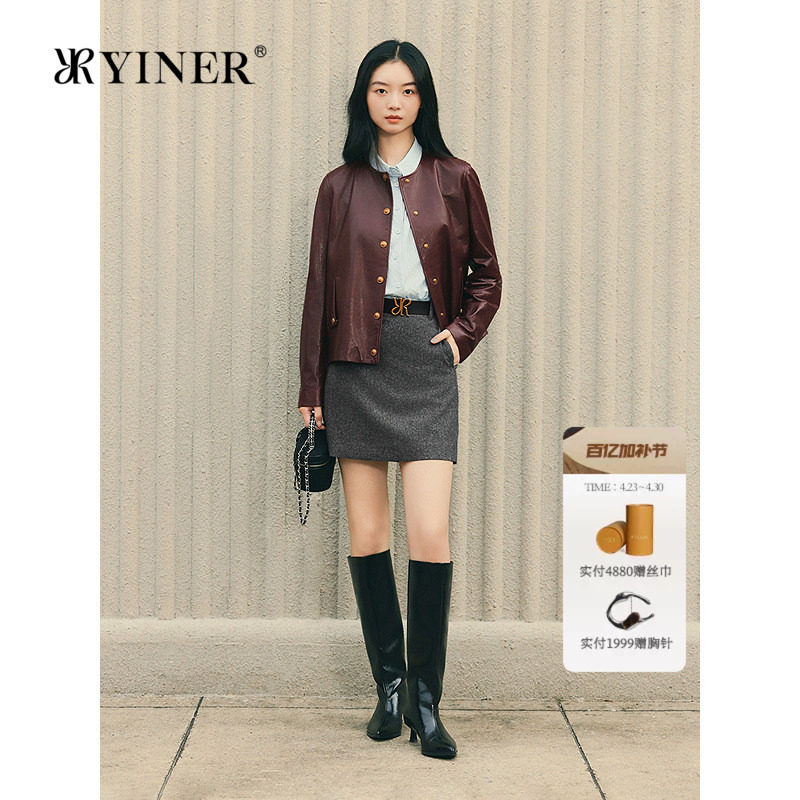 YINER音儿专选女装通勤时尚法式复古油蜡皮工艺绵羊真皮皮衣外套