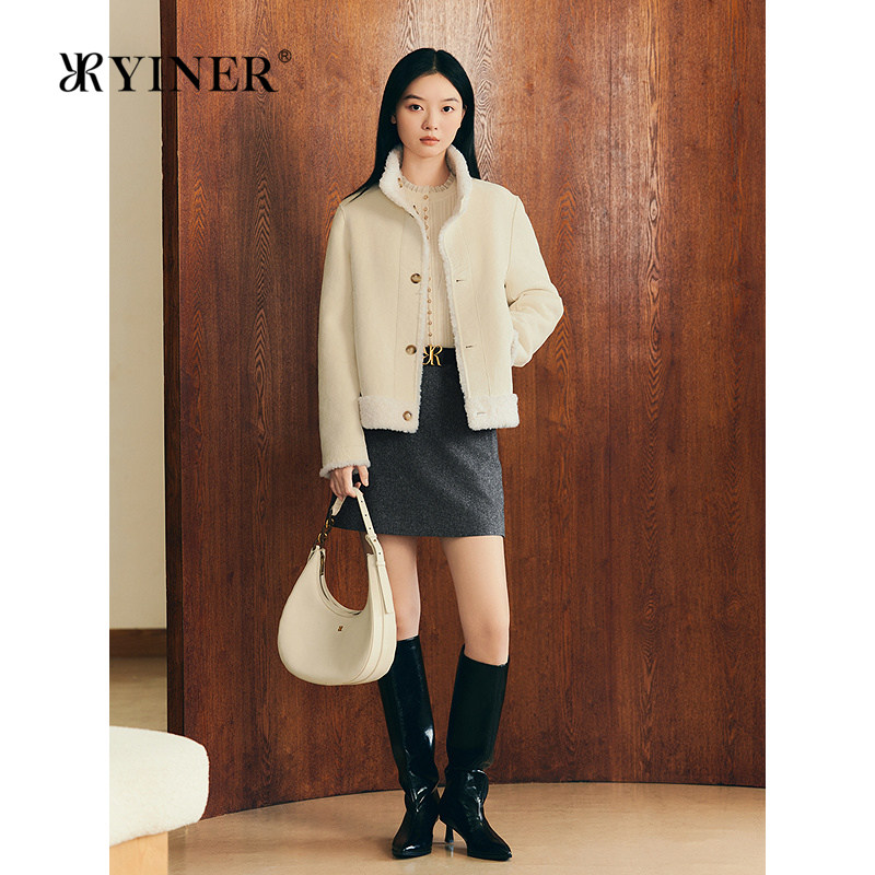 YINER音儿专选女装冬季澳洲全羊毛仿拉菲皮毛一体两面穿外套