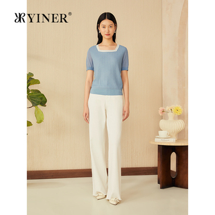 YINER音儿专选2025夏新款 法式 撞色方领莱赛尔天丝混纺针织衫