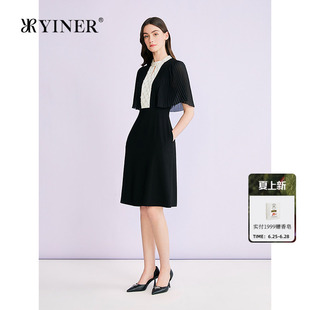 YINER音儿专选2026夏季新款优雅撞色钉珠醋酸混纺斗篷袖连衣裙