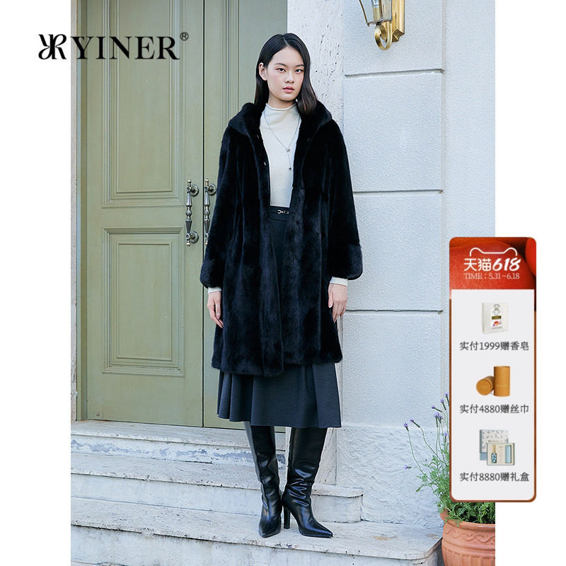 YINER音儿专选女装冬季奢感长款连帽整貂母貂水貂毛皮草外套