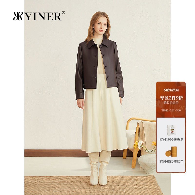 YINER音儿专选女装通勤法式花瓣翻领短款绵羊真皮皮衣夹克外套女