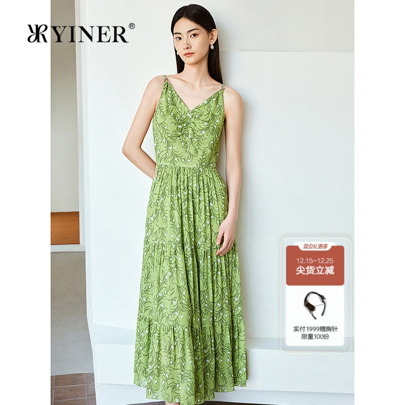 【真丝系列】YINER音儿2025夏季新款法式艺术印花V领吊带连