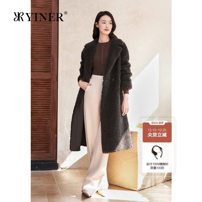 YINER音儿专选冬季长款西装领环保羊毛皮草大衣外套