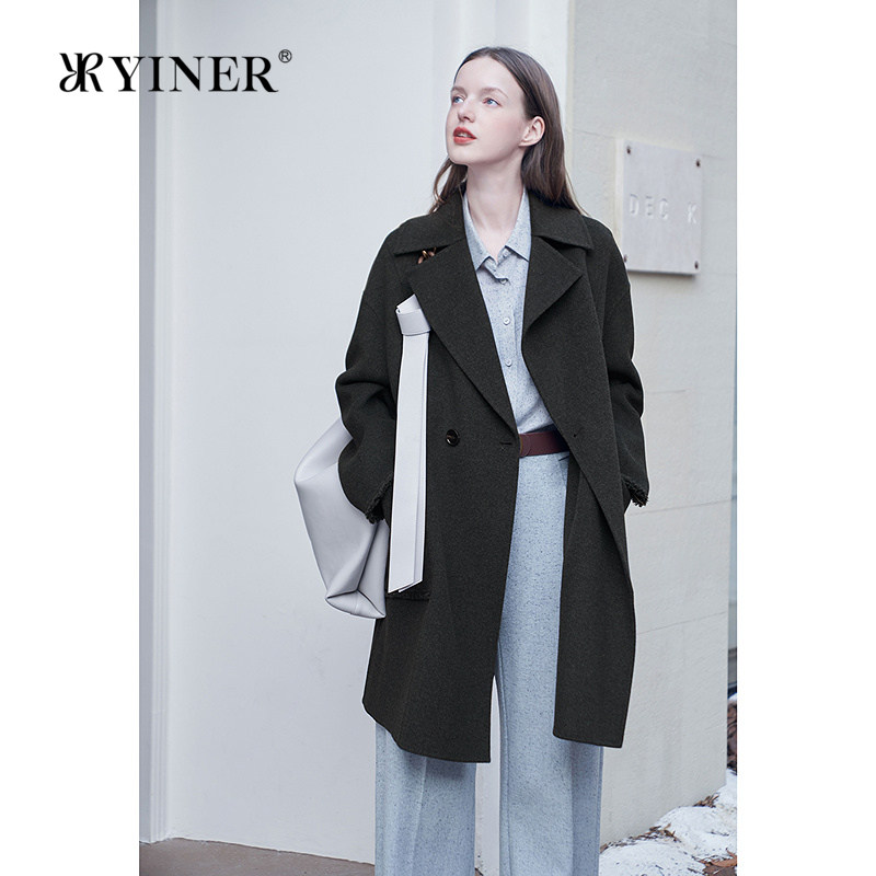 YINER音儿专选2025冬季新款中长款羊毛羊绒混纺双面呢大衣外