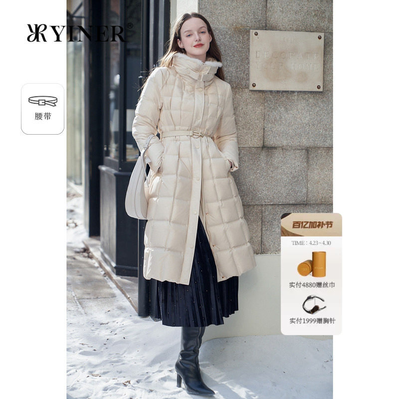 YINER音儿专选女装冬季长款黑科技发热保暖水貂毛条立领羽绒服