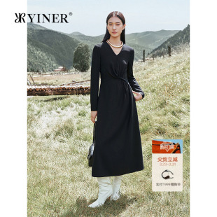 优雅褶艺羊毛混纺麻感肌理V领连衣裙 法式 YINER音儿2025冬季 新款