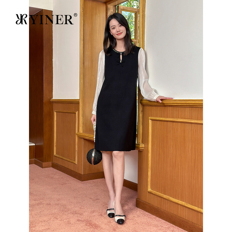 YINER音儿专选女装春季法式水滴领水光琉璃袖A字针织连衣裙