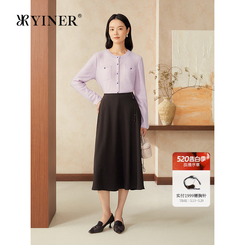 YINER音儿女装春季新中式圆领美丽诺羊毛羊绒混纺针织开衫