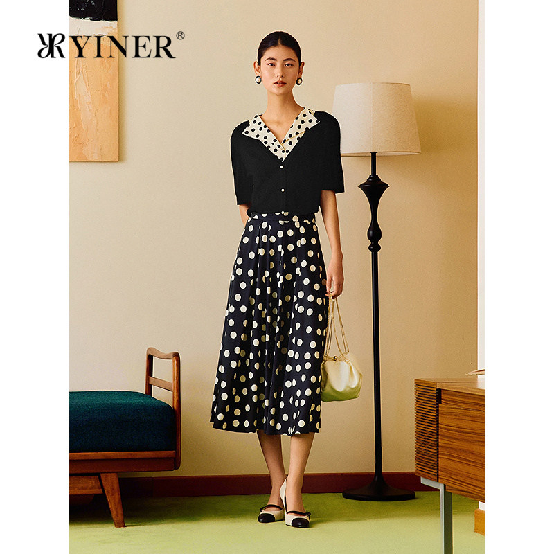YINER音儿女装夏季时尚复古波点弹力桑蚕丝高腰A字半身裙
