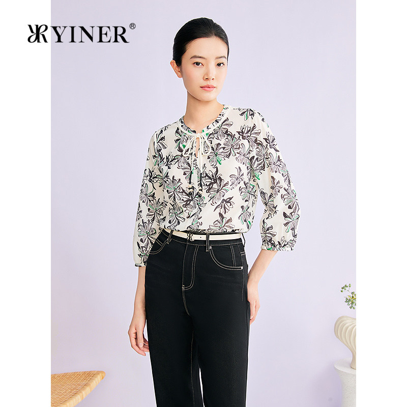 YINER音儿2026夏季新款时尚编织系带小立领艺术印花桑蚕丝上