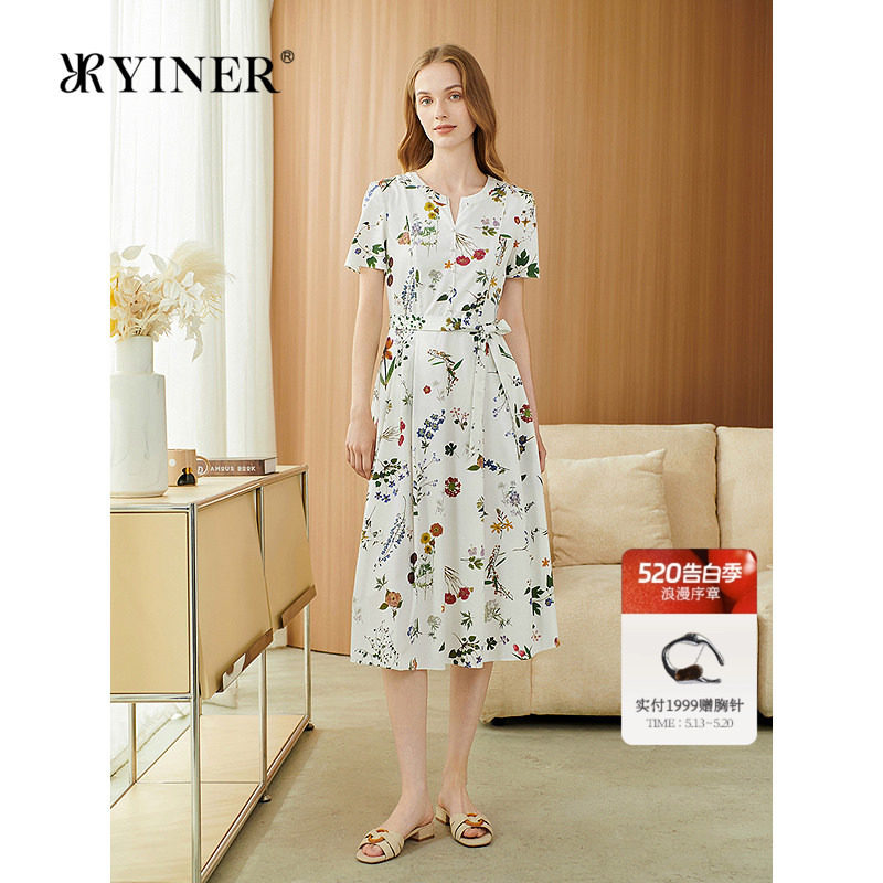 YINER音儿专选女装夏季法式半开领花朵印花系带收腰连衣裙