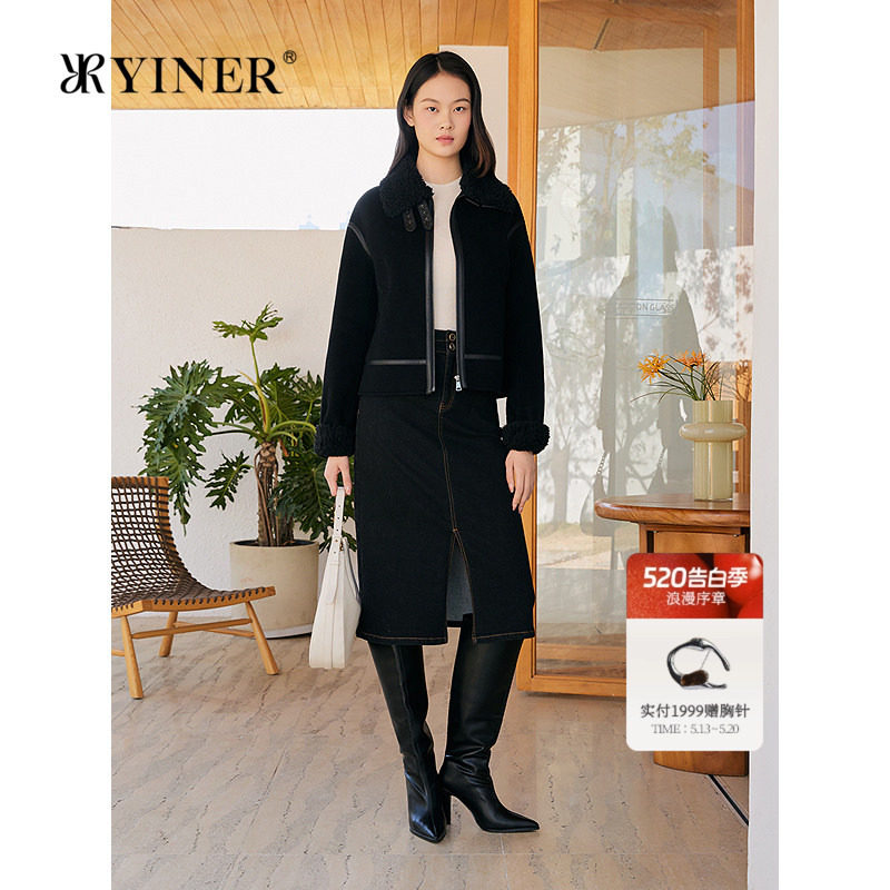 YINER音儿专选女装冬季时尚短款皮革拼接翻领羊毛双面呢外套