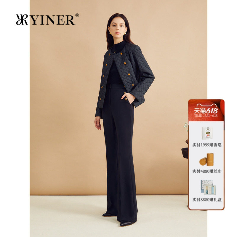 YINER音儿女装秋季法式时尚短款菱格纹圆领双排扣蚕丝棉服外套