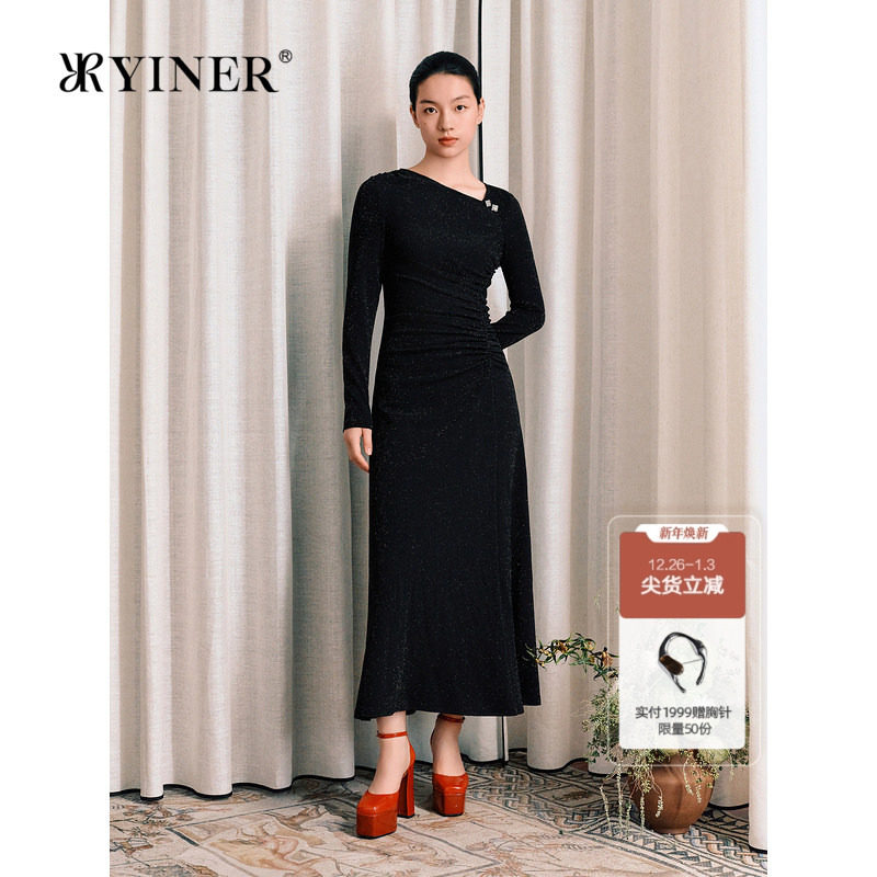 【1996系列】YINER音儿冬季法式收褶小黑裙亮丝连衣裙