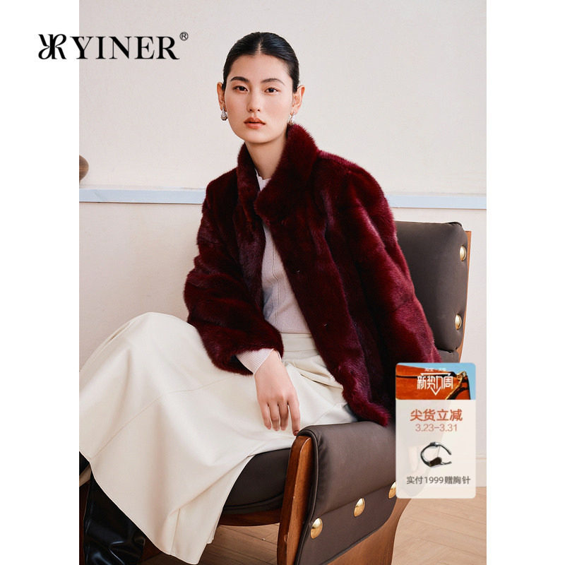 YINER音儿专选女装春季安可拉红中式立领整貂水貂毛皮草外套