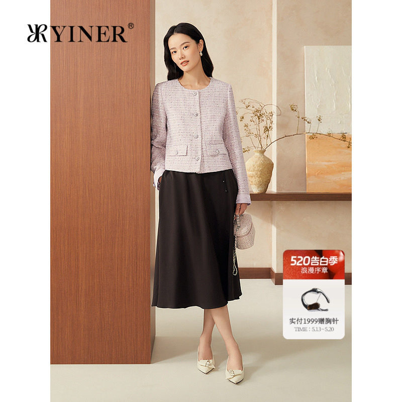 YINER音儿女装春季新中式盘扣袖口箱型亮丝羊毛粗花呢短外套