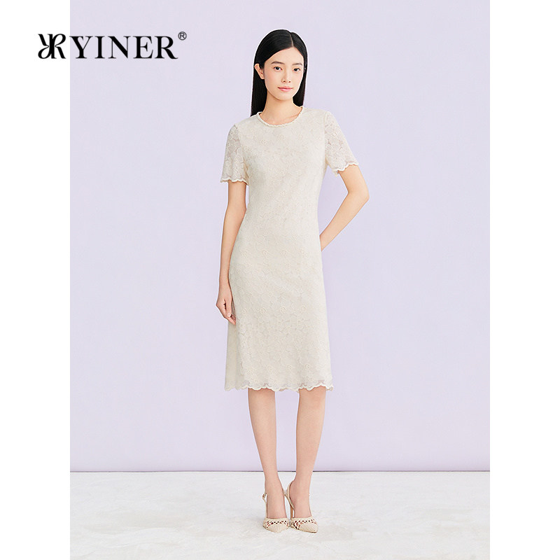 YINER音儿专选2026夏季新款时尚优雅钉珠圆领蕾丝绣花直筒连衣裙