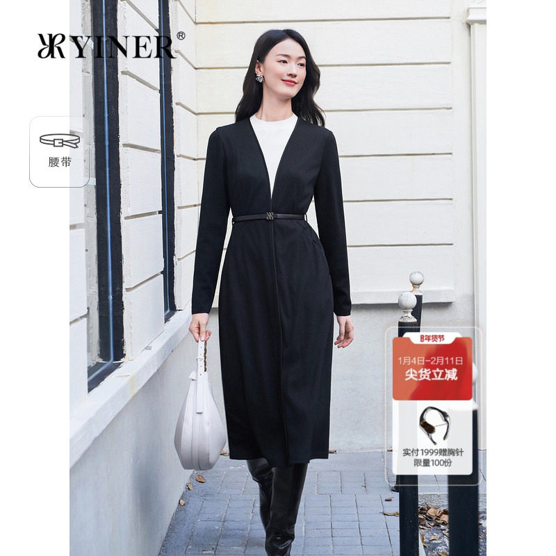 YINER音儿专选冬季羊毛撞色假两件复古V领连衣裙