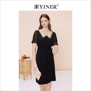 YINER音儿专选夏季 连衣裙 法式 优雅蕾丝拼接翻领收腰修身