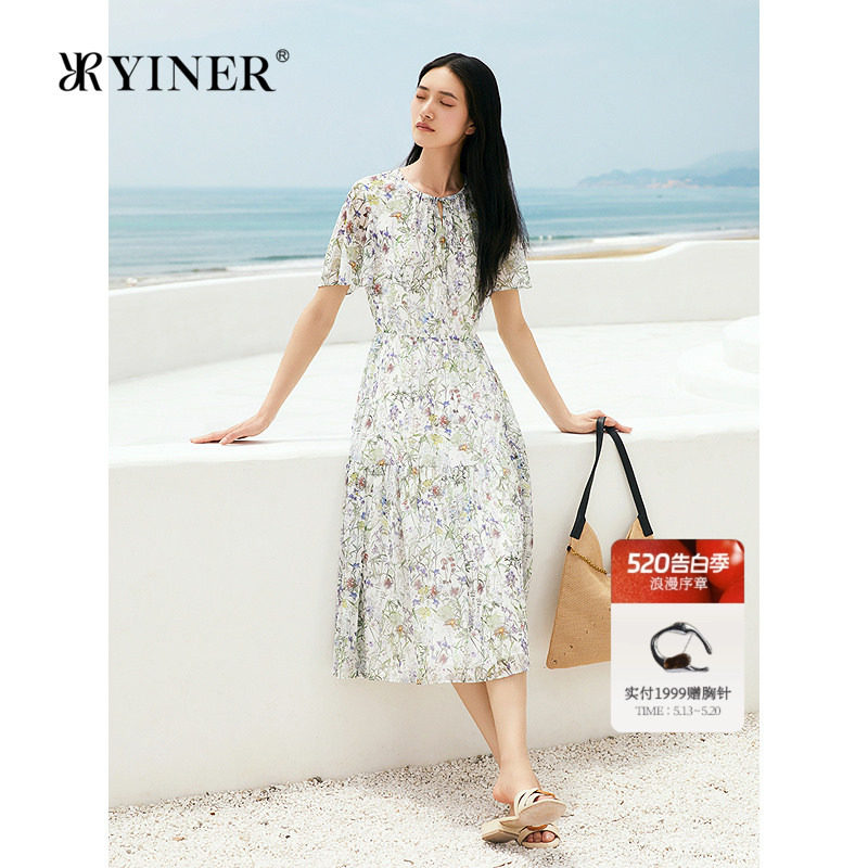 YINER音儿专选女装夏季法式优雅A字蛋糕裙摆印花连衣裙