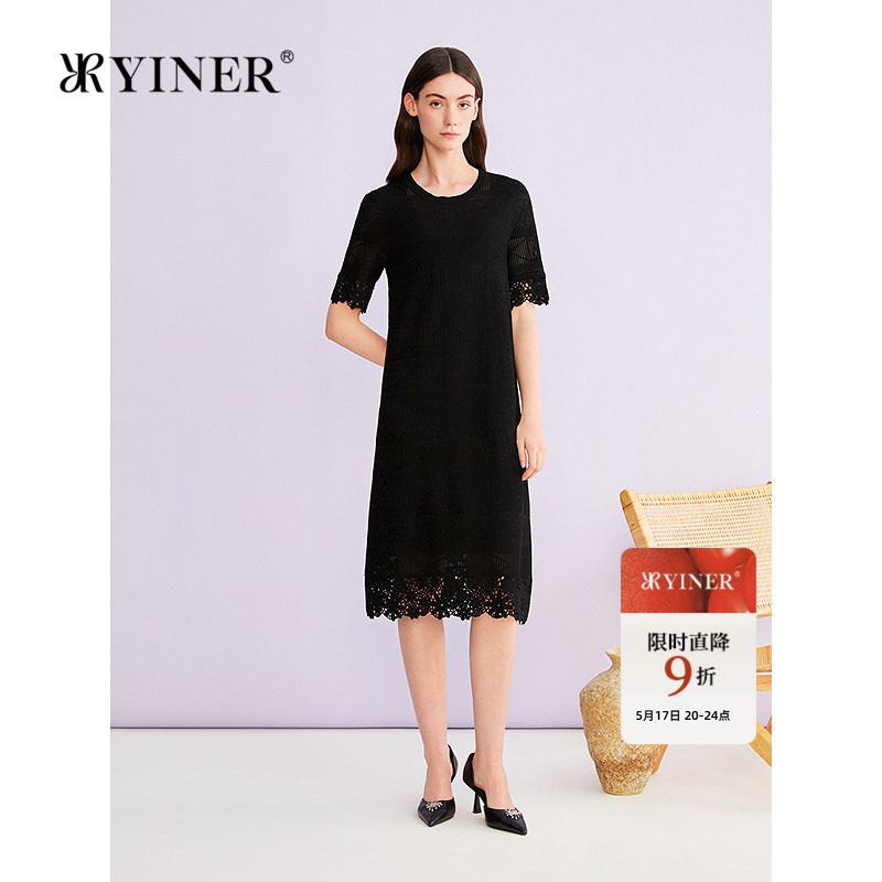 YINER音儿2026夏季新款时尚优雅圆领立体提花钩花镂空肌理连