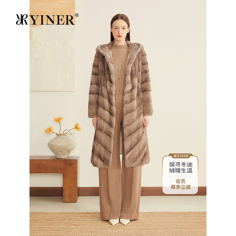 YINER音儿专选2025冬季新款长款横纹母貂整貂连帽水貂毛皮草外套