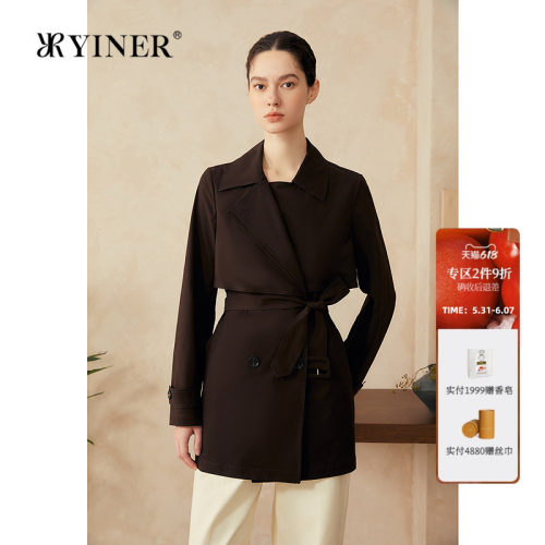 YINER音儿女装春季轻薄无氨四面弹一手长风衣大翻领廓形外套