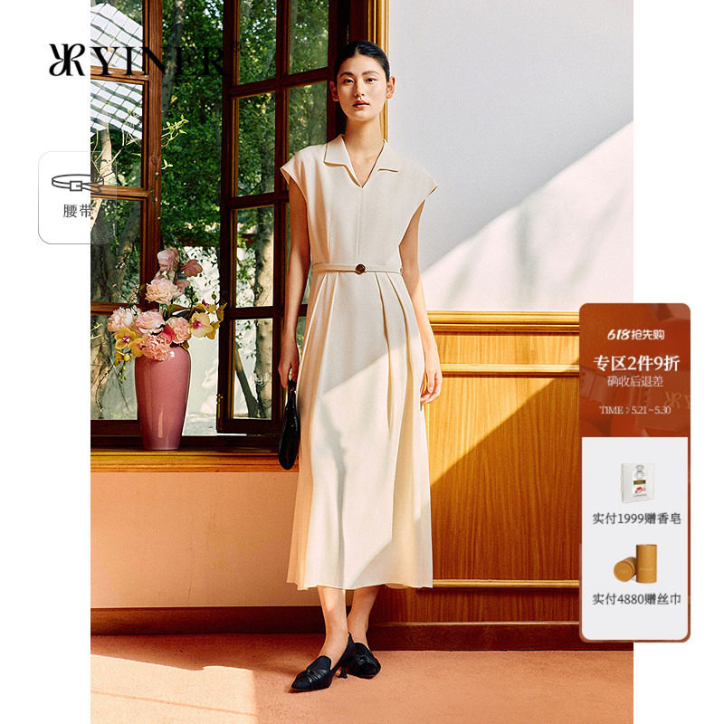 YINER音儿女装夏季时尚优雅复古领气质小盖袖醋酸混纺显瘦连衣裙