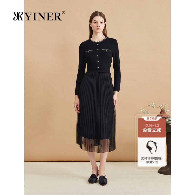 YINER音儿专选冬季复古小黑裙假两件百褶网纱针织连衣裙
