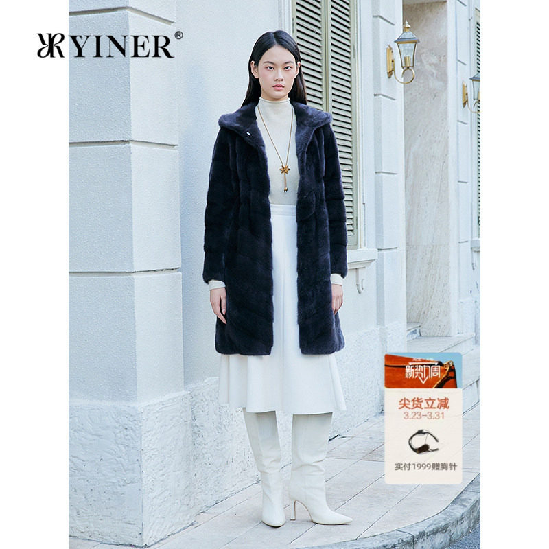YINER音儿专选2025冬季新款进口优雅长款连帽整貂母貂水貂毛