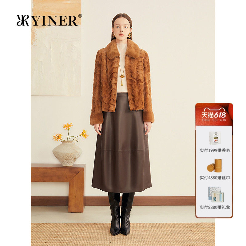 YINER音儿专选女装秋季法式复古母貂毛皮拼貂设计短皮草外套