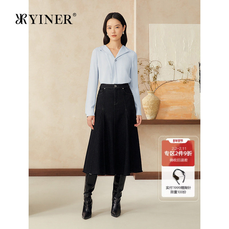 YINER音儿2025春季新款弹力重绉真丝衬衫法式不规则V领轻上