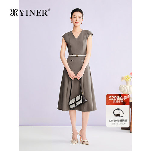YINER音儿2026夏季新款时尚优雅通勤V领显瘦收腰无袖A摆连衣裙