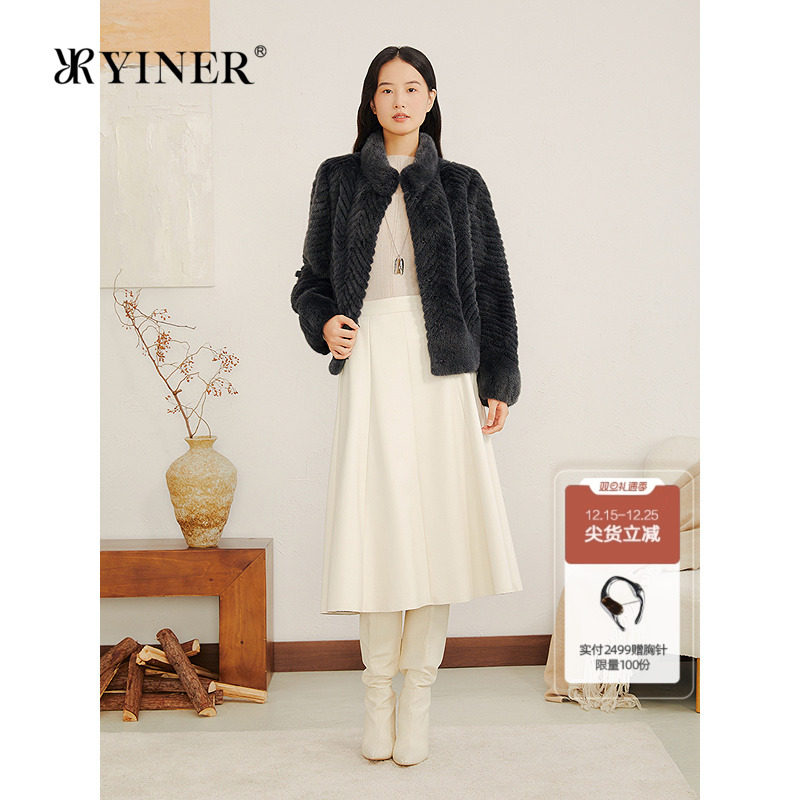 YINER音儿专选2025冬季新款短款波纹立领整貂母貂水貂毛皮草