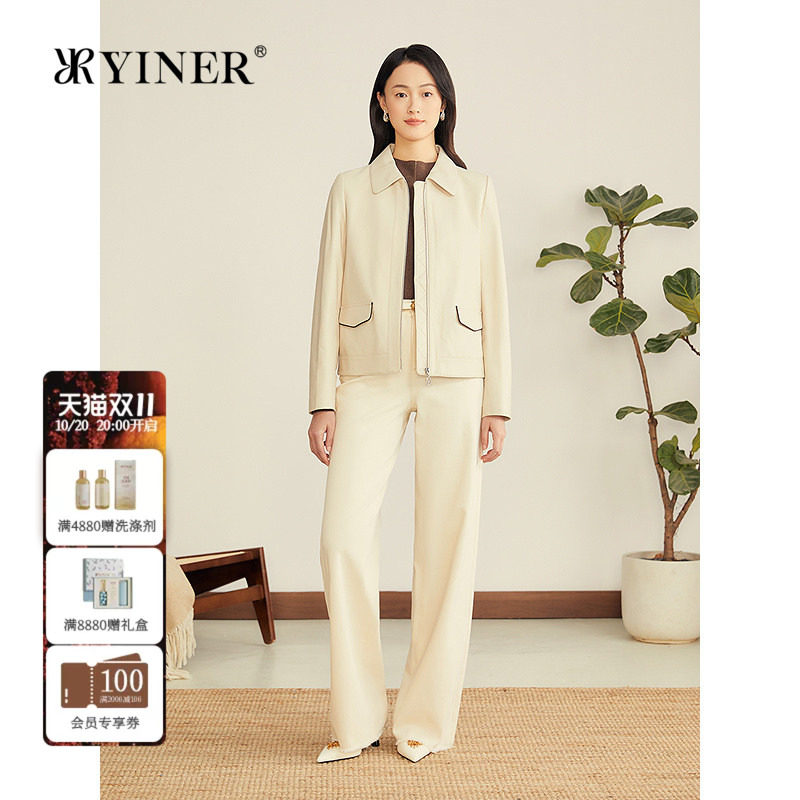 YINER音儿专选女装秋柔软肌理翻领短款绵羊真皮皮衣夹克外套