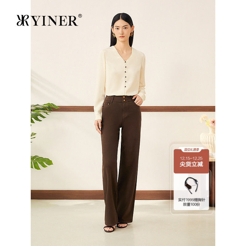 YINER音儿2025秋季新款法式优雅弹力重绉真丝桑蚕丝混纺V领