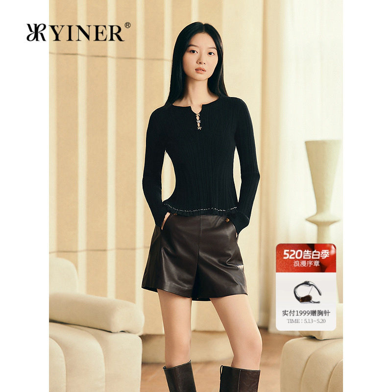 YINER音儿专选女装冬季法式减龄云感羊毛混纺荷叶边针织衫
