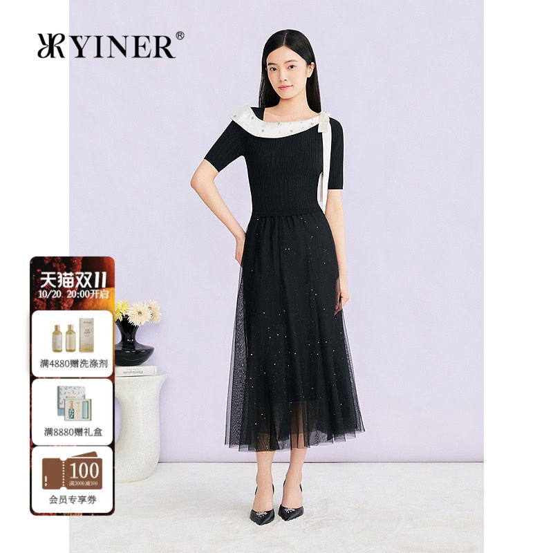 YINER音儿专选2026夏季新款钉珠蝴蝶结装饰针织拼接网纱连衣裙