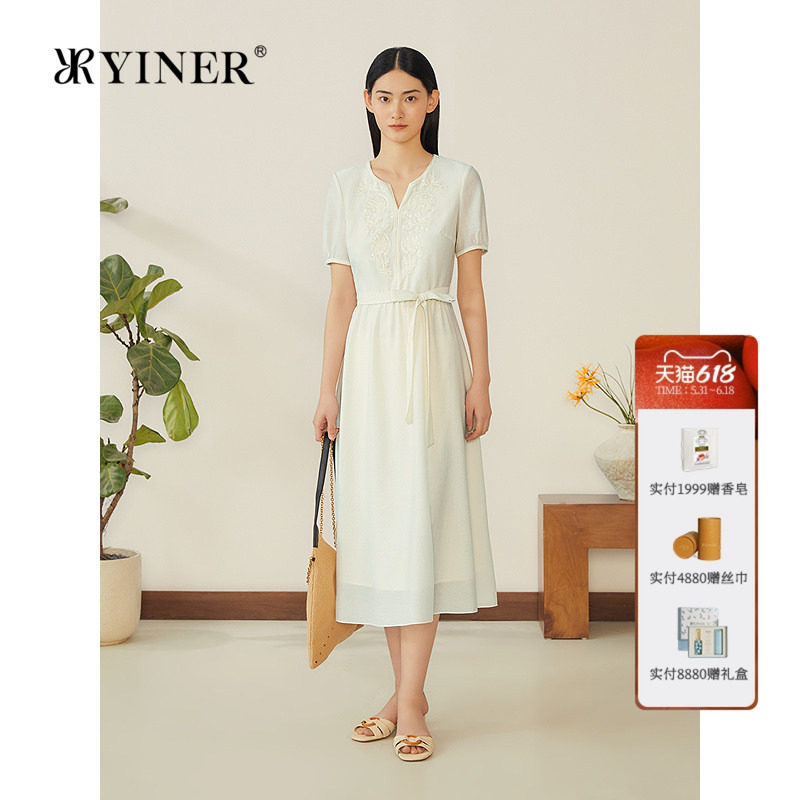 YINER音儿专选女装夏优雅海棠刺绣醋酸混纺灯笼花苞袖收腰连衣裙