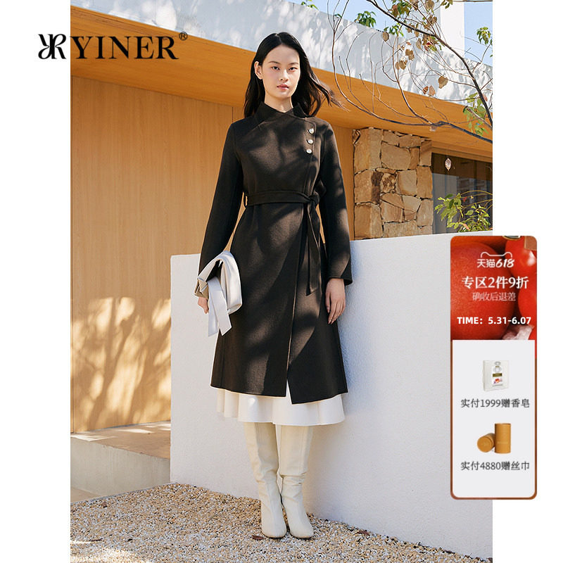YINER音儿专选女装冬季纽扣斜门襟羊毛羊绒混纺双面呢大衣