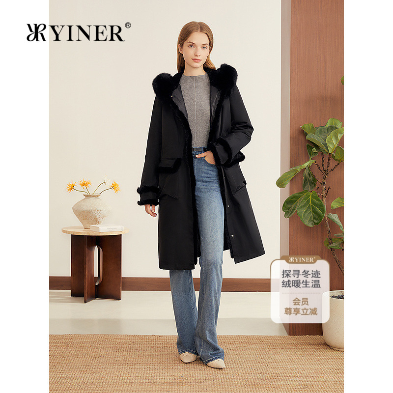 YINER音儿专选2025冬季新款可拆卸内胆水貂毛镶边狐狸毛领羽绒服