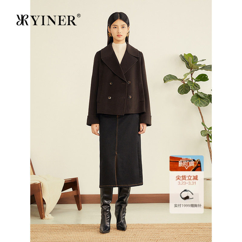 YINER音儿专选2025冬季新款短款翻领羊毛羊绒混纺双面呢大衣