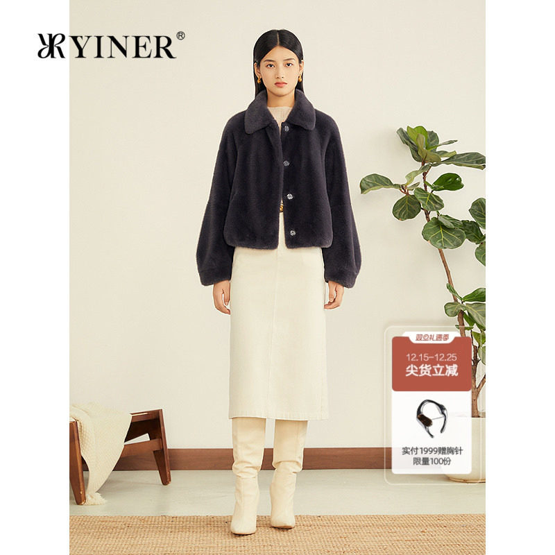 YINER音儿专选2025冬季新款法式静奢风茧型灯笼袖环保皮草短